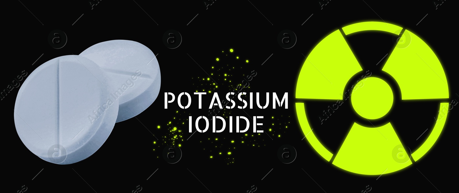 Potassium iodide pills and warning sign on black background. Iodine consumption during radioactive contamination Image of Potassium iodide pills and warning sign on black background. Iodine consumption during radioactive contamination