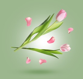 Image of Beautiful tulip flowers and petals falling against green grey gradient background