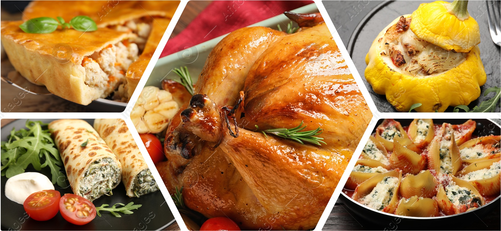 Collage of different stuffed dishes. Banner design Image of Collage of different stuffed dishes. Banner design
