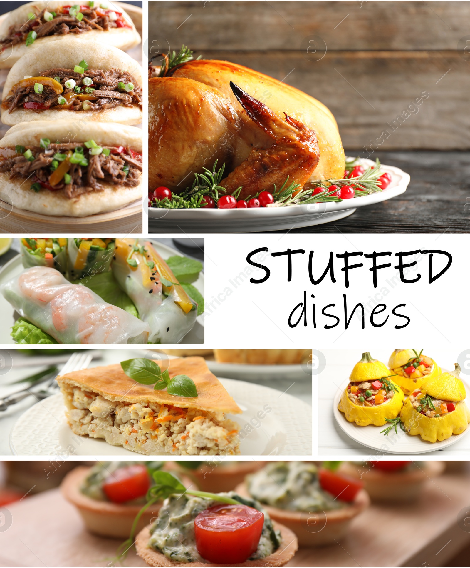 Collage with variety of tasty stuffed dishes Image of Collage with variety of tasty stuffed dishes