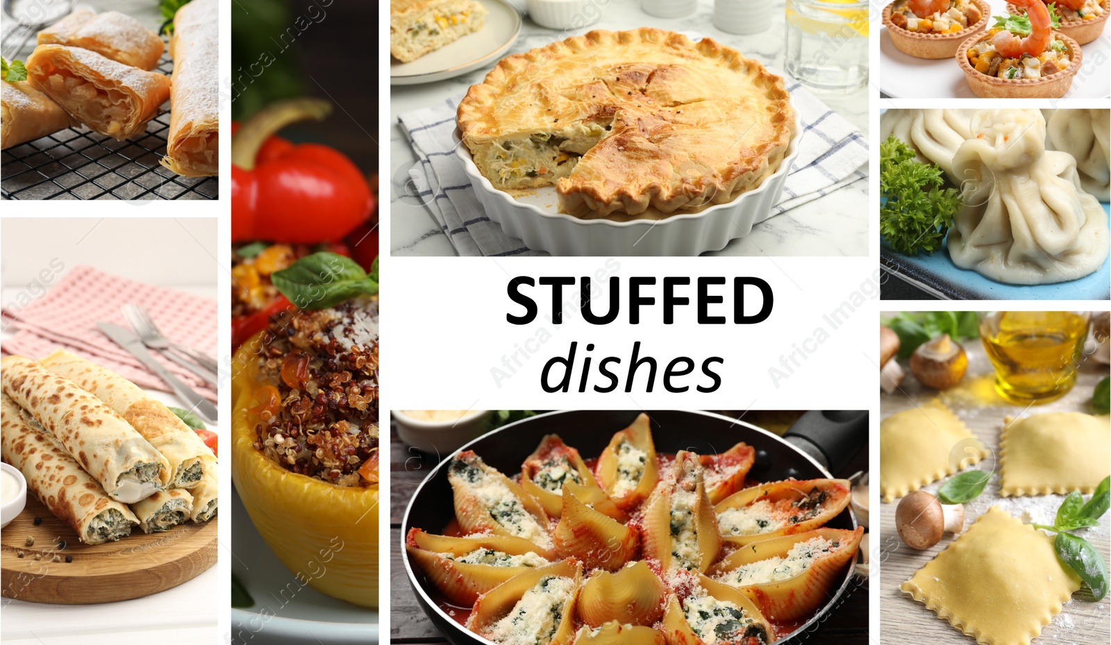Collage with variety of tasty stuffed dishes Image of Collage with variety of tasty stuffed dishes