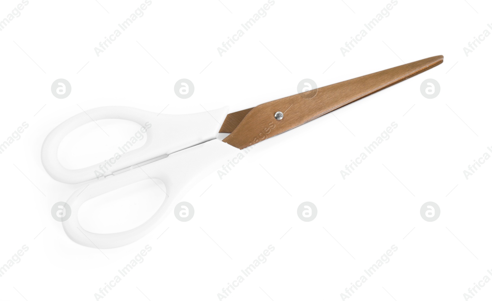 One pair of scissors isolated on white, top view Photo of One pair of scissors isolated on white, top view