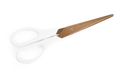 Photo of One pair of scissors isolated on white, top view
