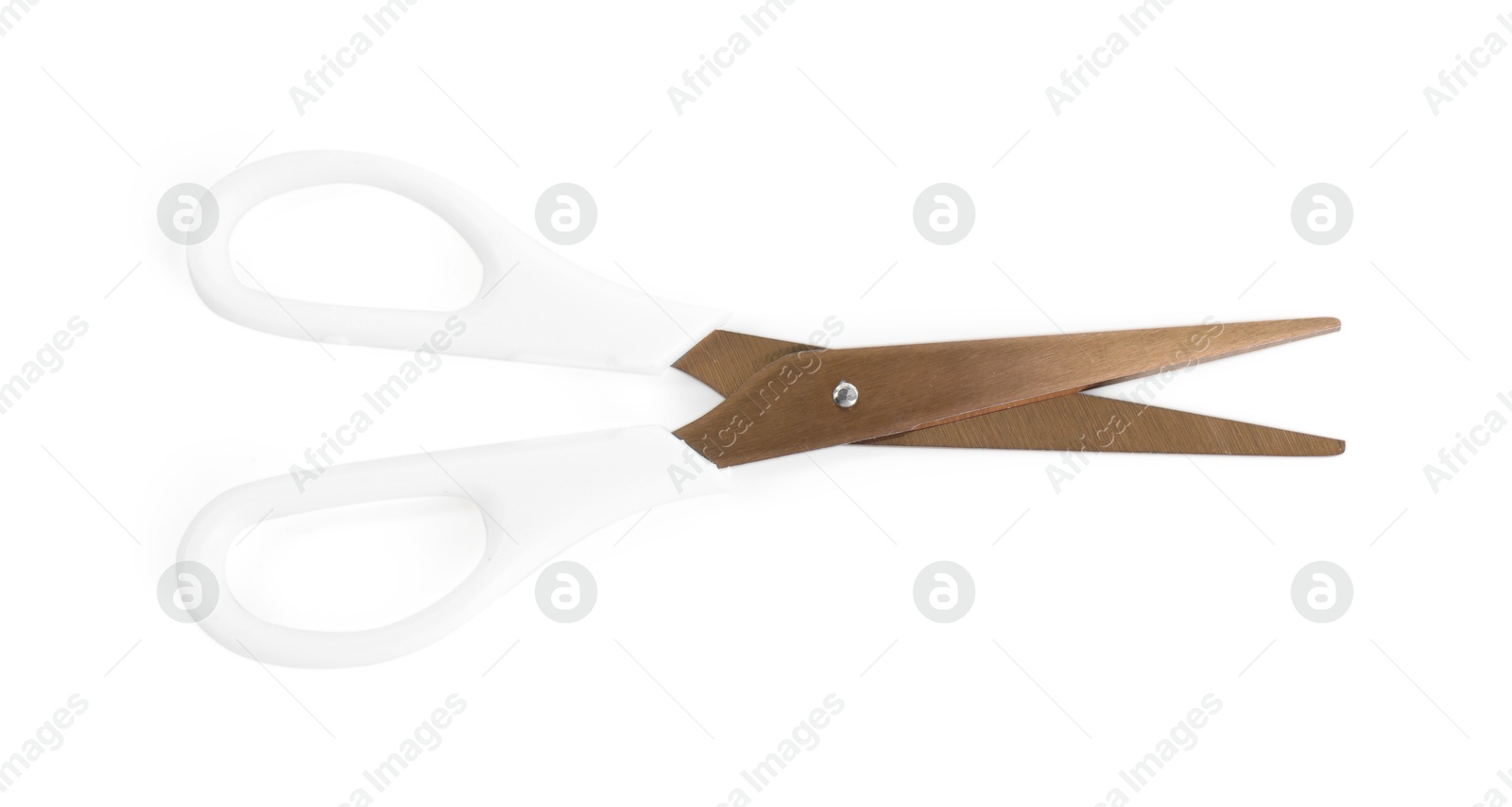 One pair of scissors isolated on white, top view Photo of One pair of scissors isolated on white, top view