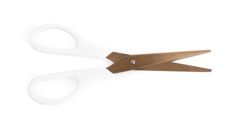 Photo of One pair of scissors isolated on white, top view