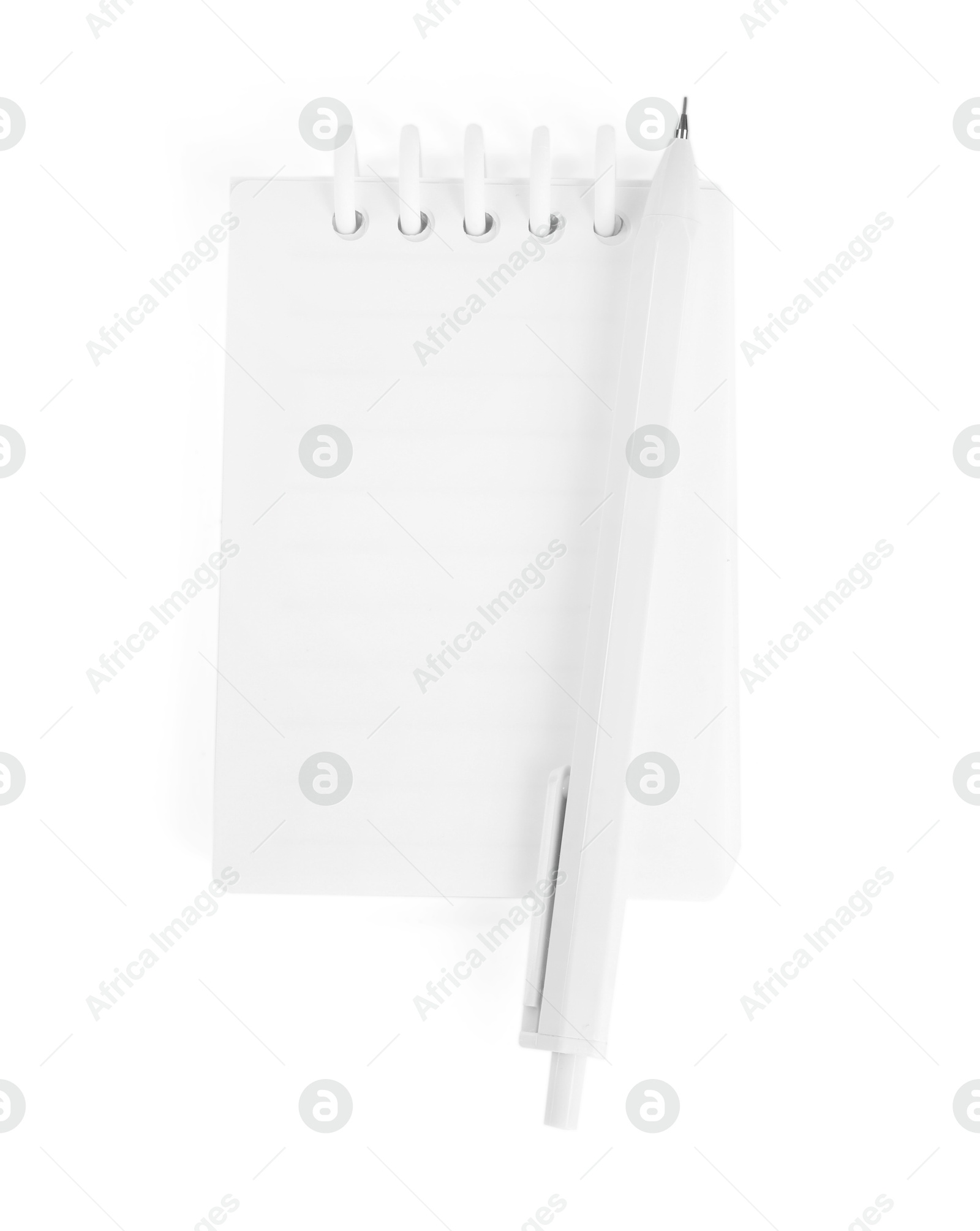 Notebook and mechanical pencil isolated on white, top view Photo of Notebook and mechanical pencil isolated on white, top view