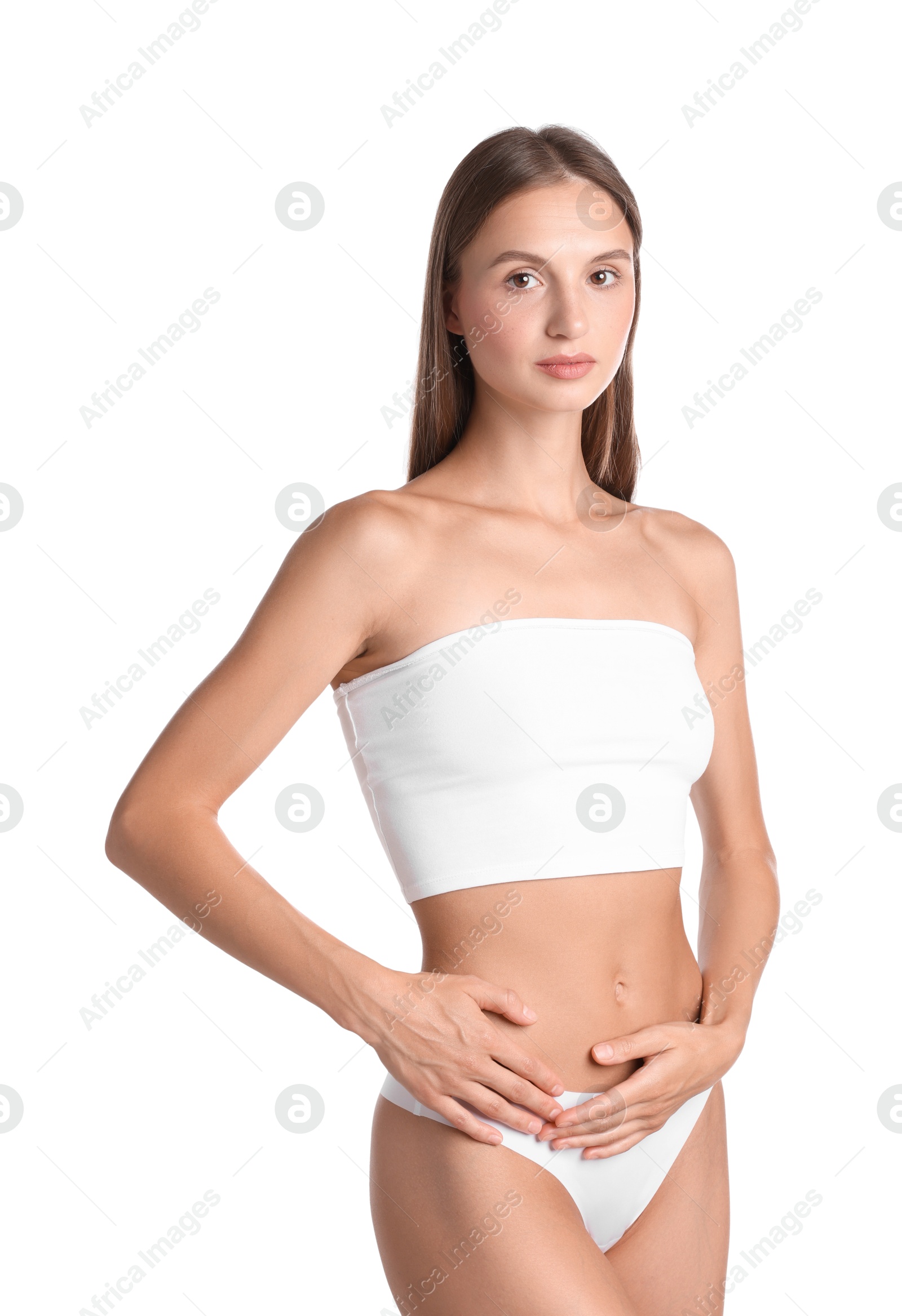 Woman with flat belly on white background Photo of Woman with flat belly on white background