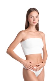 Photo of Woman with flat belly on white background