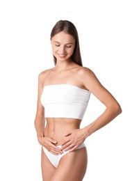 Photo of Woman with flat belly on white background