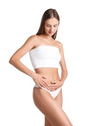 Photo of Woman with flat belly on white background