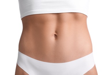 Photo of Woman with flat belly on white background, closeup