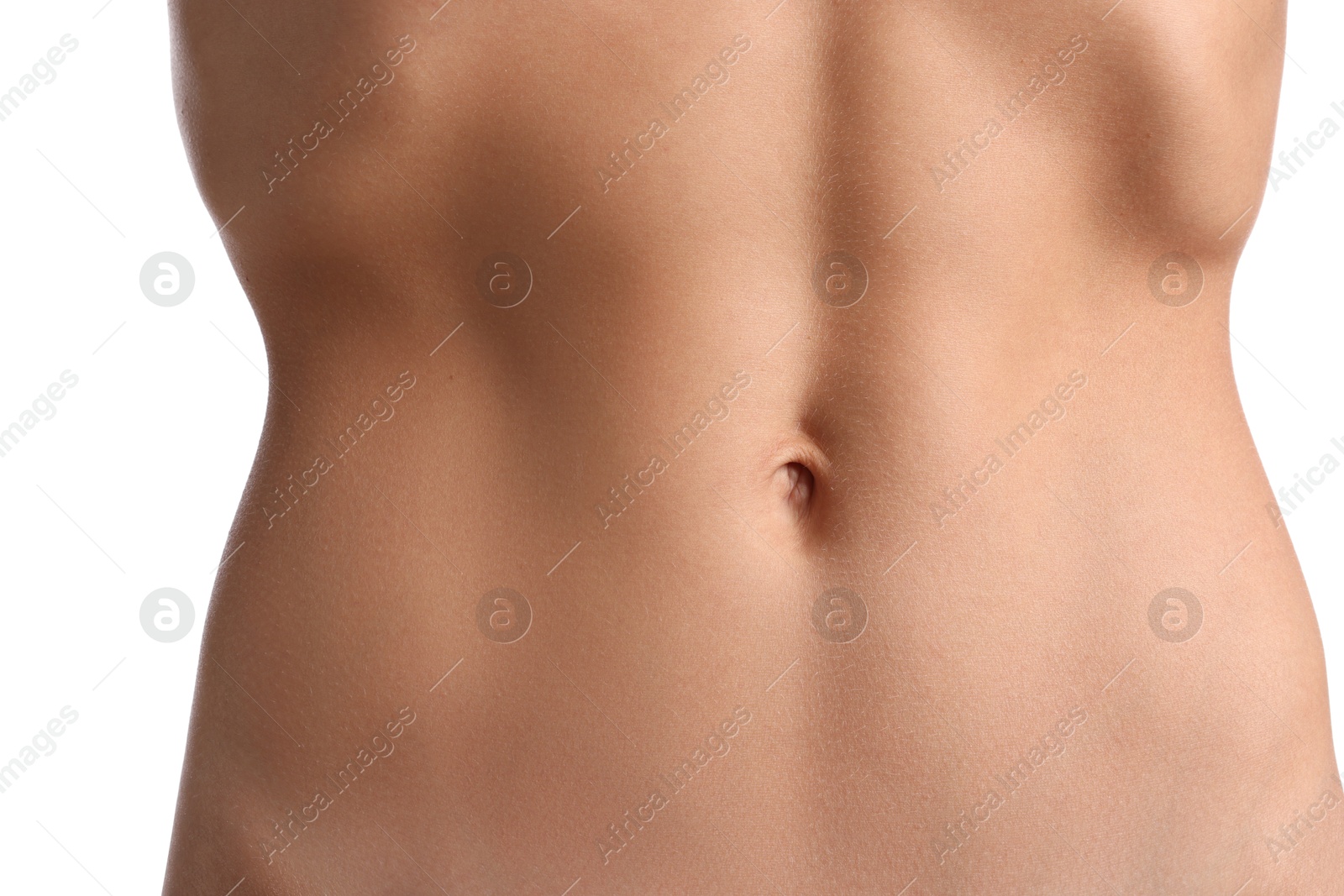 Woman with flat belly on white background, closeup Photo of Woman with flat belly on white background, closeup