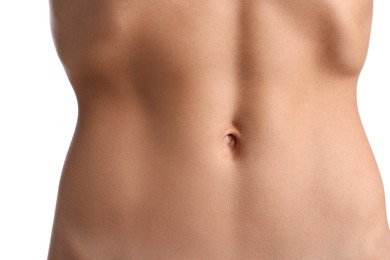 Photo of Woman with flat belly on white background, closeup
