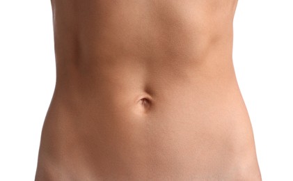 Photo of Woman with flat belly on white background, closeup