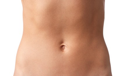 Photo of Woman with flat belly on white background, closeup