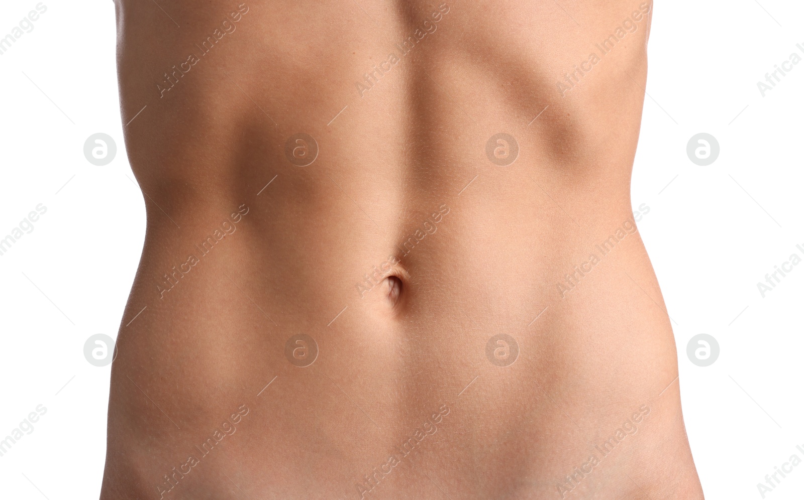 Woman with flat belly on white background, closeup Photo of Woman with flat belly on white background, closeup