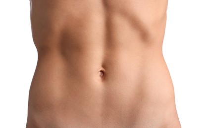 Photo of Woman with flat belly on white background, closeup