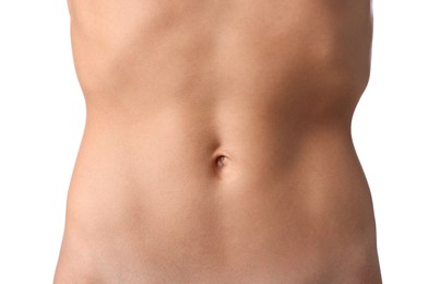 Photo of Woman with flat belly on white background, closeup