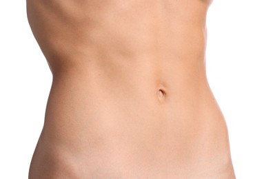 Photo of Woman with flat belly on white background, closeup