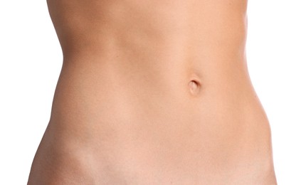 Photo of Woman with flat belly on white background, closeup