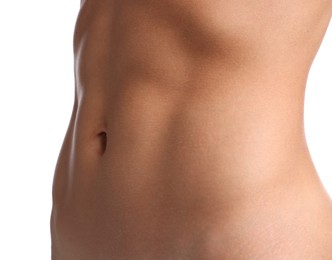 Photo of Woman with flat belly on white background, closeup