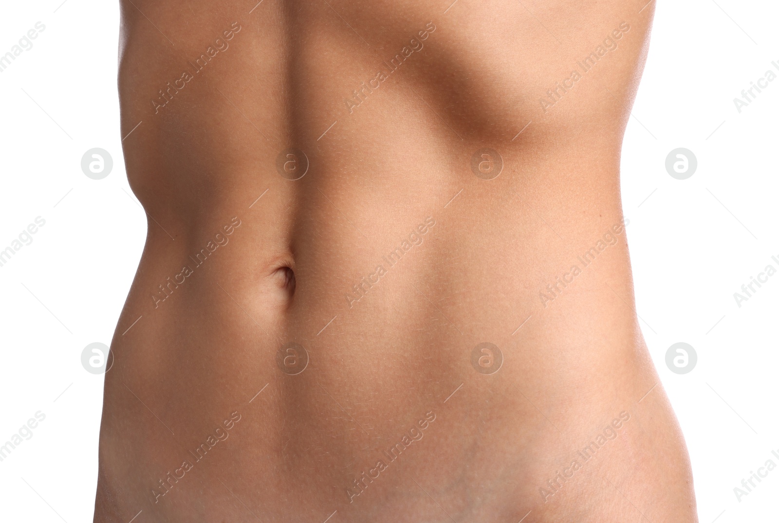 Woman with flat belly on white background, closeup Photo of Woman with flat belly on white background, closeup