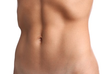 Photo of Woman with flat belly on white background, closeup