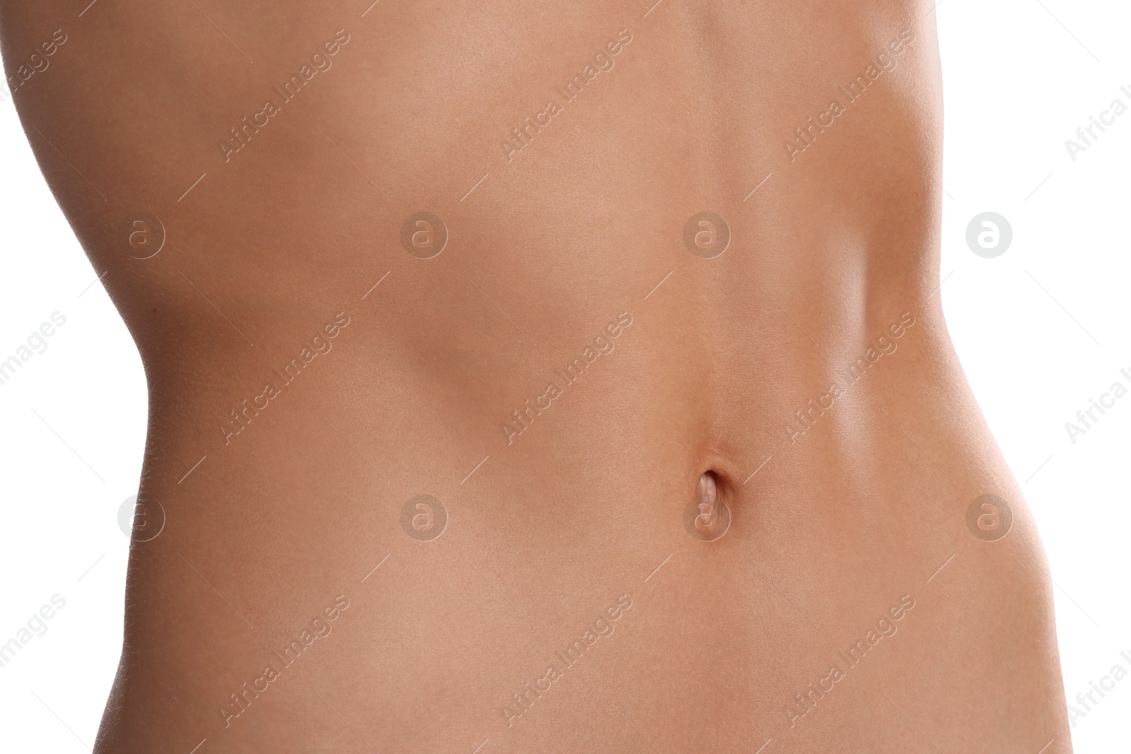 Woman with flat belly on white background, closeup Photo of Woman with flat belly on white background, closeup