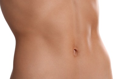 Photo of Woman with flat belly on white background, closeup