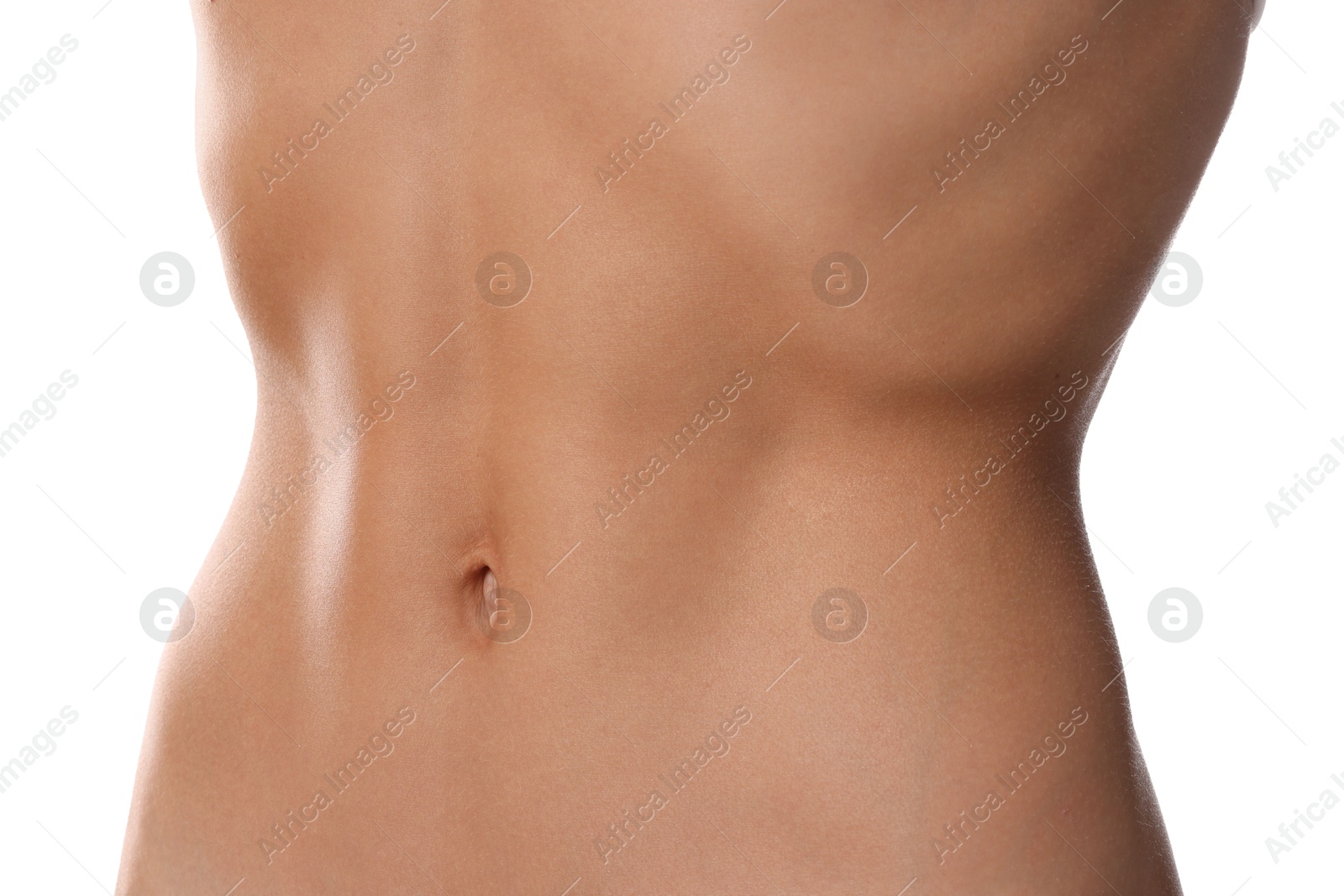 Woman with flat belly on white background, closeup Photo of Woman with flat belly on white background, closeup