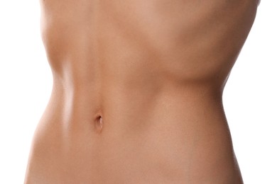 Photo of Woman with flat belly on white background, closeup