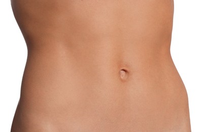 Photo of Woman with flat belly on white background, closeup