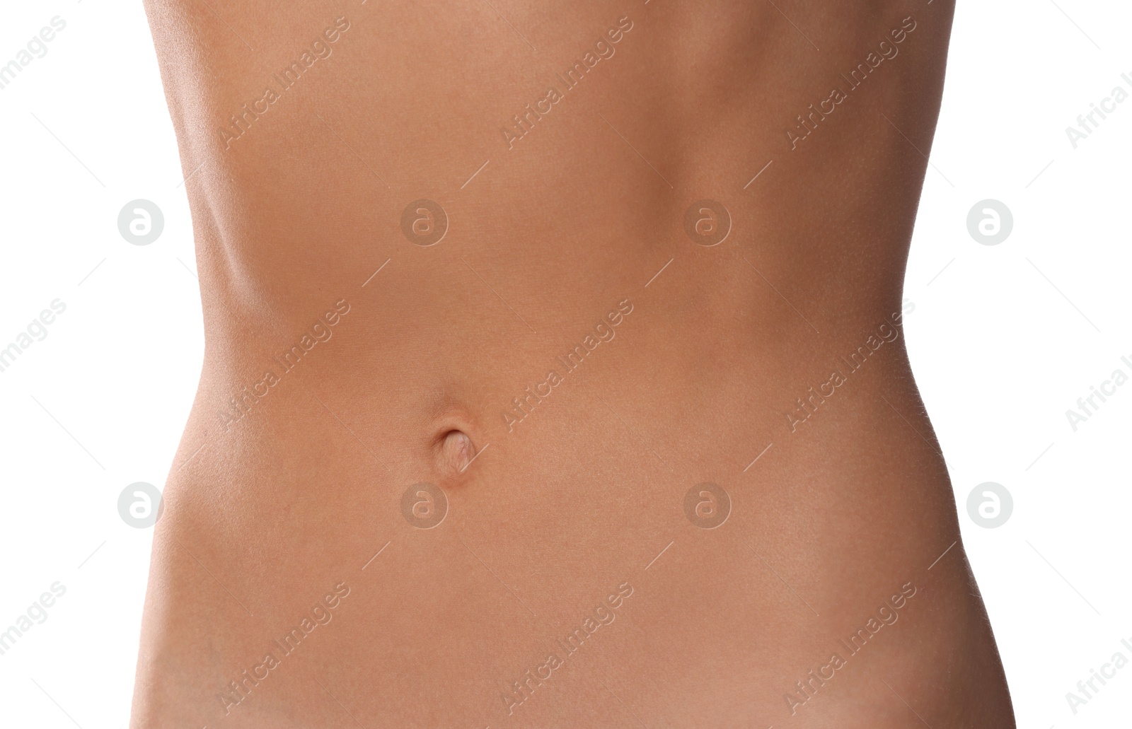 Woman with flat belly on white background, closeup Photo of Woman with flat belly on white background, closeup