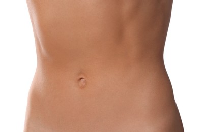Photo of Woman with flat belly on white background, closeup