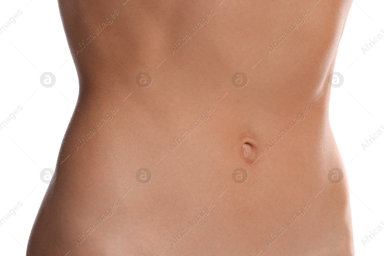 Woman with flat belly on white background, closeup Photo of Woman with flat belly on white background, closeup
