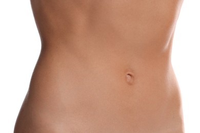 Photo of Woman with flat belly on white background, closeup