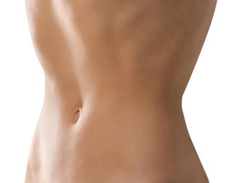 Photo of Woman with flat belly on white background, closeup