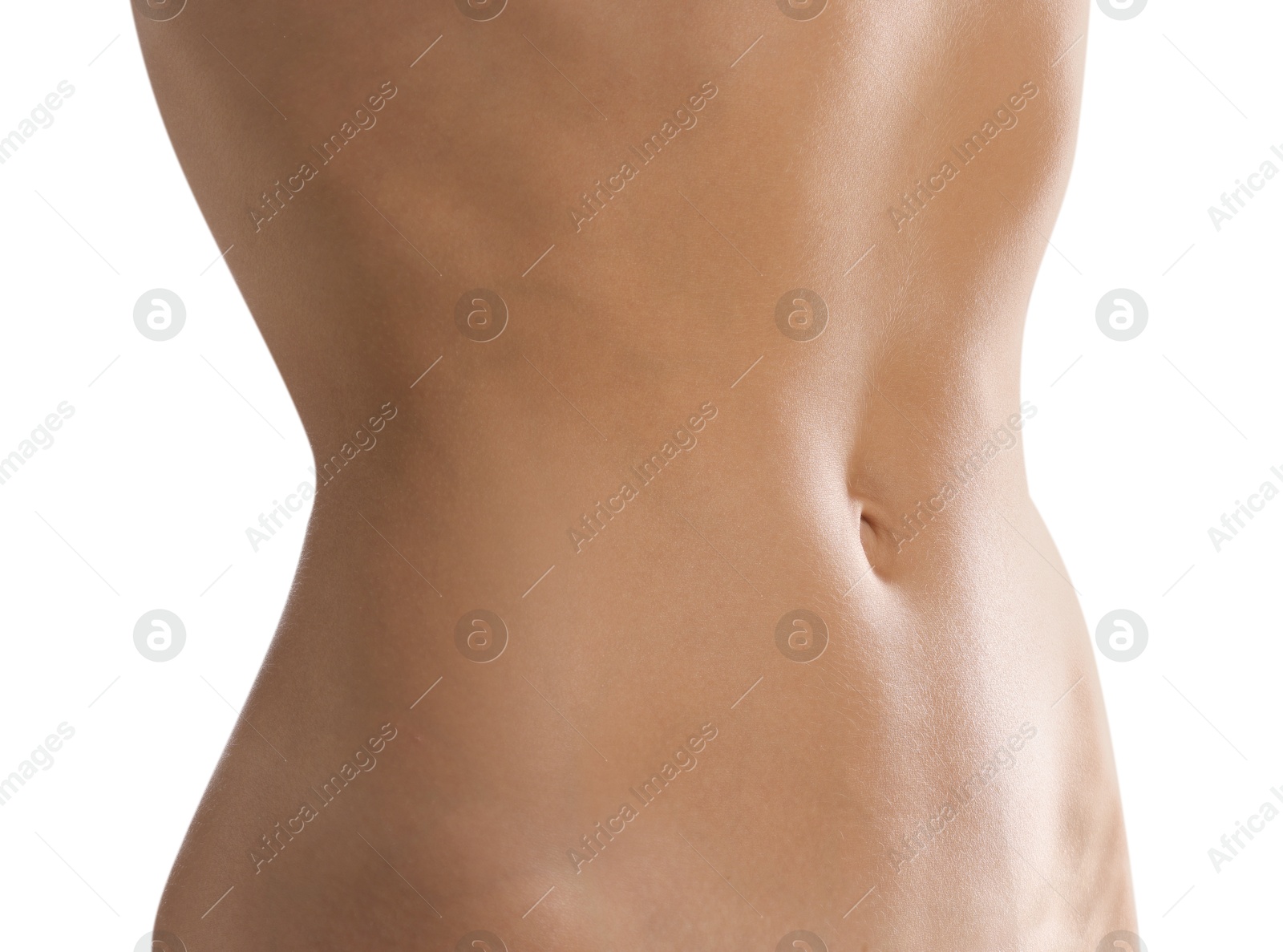 Woman with flat belly on white background, closeup Photo of Woman with flat belly on white background, closeup
