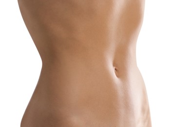 Photo of Woman with flat belly on white background, closeup