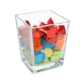 Photo of Colorful paper pieces in glass jar isolated on white