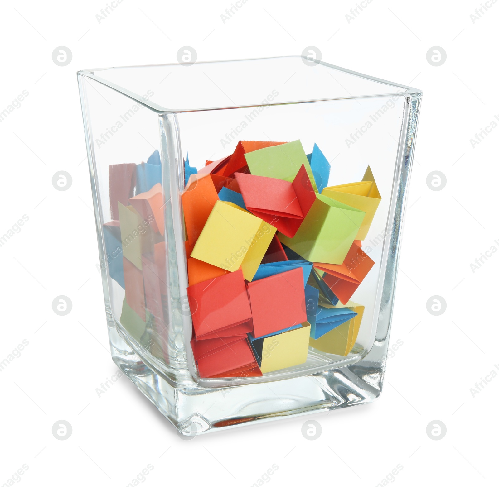 Colorful paper pieces in glass jar isolated on white Photo of Colorful paper pieces in glass jar isolated on white