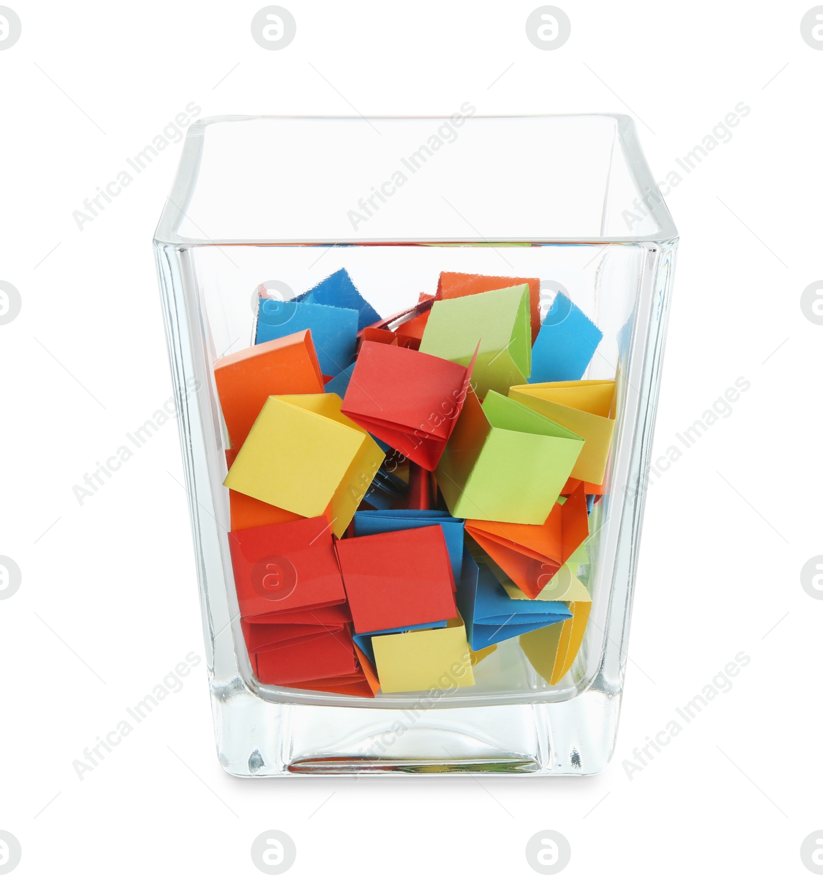 Colorful paper pieces in glass jar isolated on white Photo of Colorful paper pieces in glass jar isolated on white