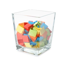 Photo of Colorful paper pieces in glass jar isolated on white