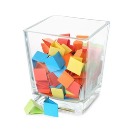 Photo of Colorful paper pieces in glass jar isolated on white