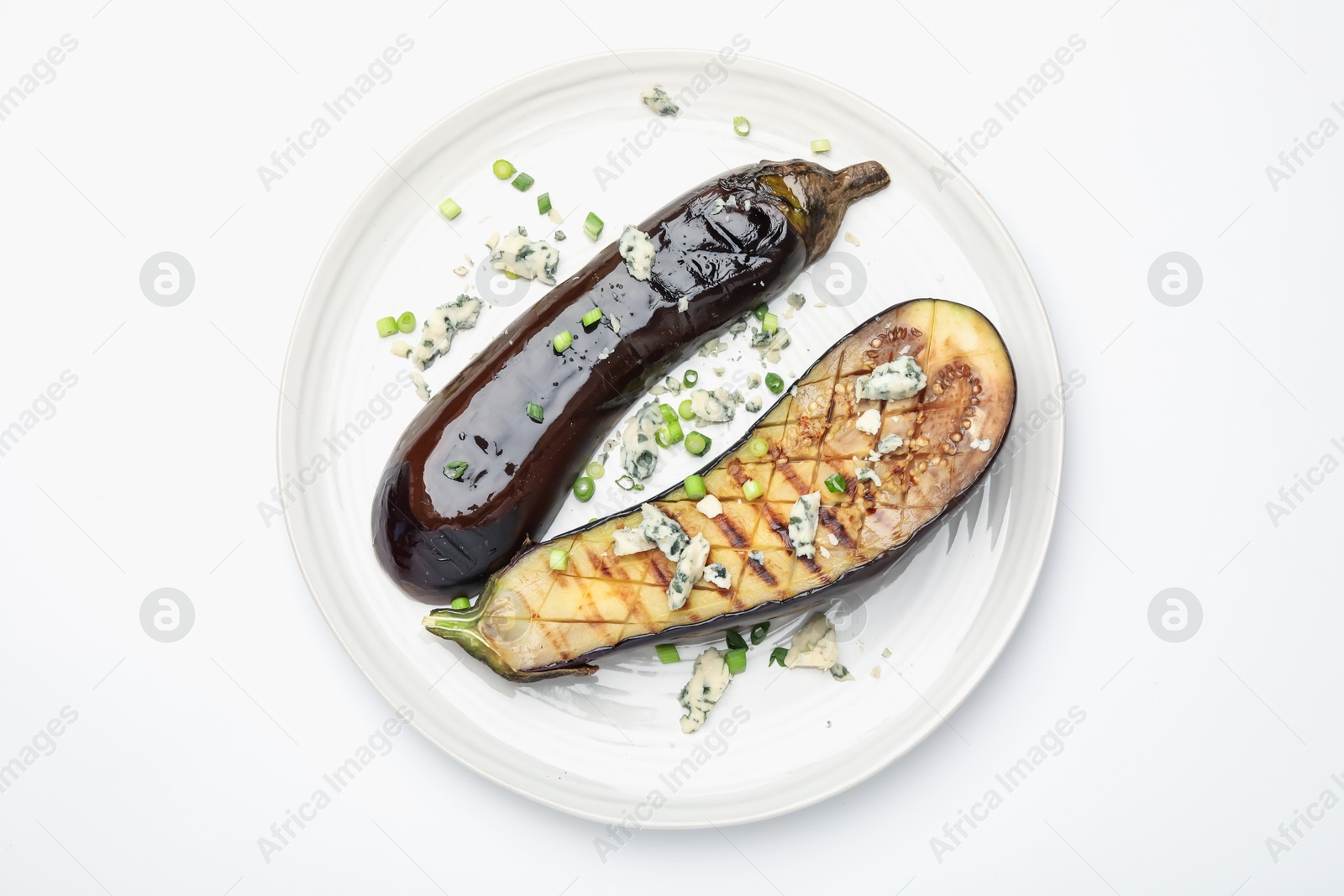 Slices of grilled eggplant with green onion and blue cheese isolated on white, top view Photo of Slices of grilled eggplant with green onion and blue cheese isolated on white, top view