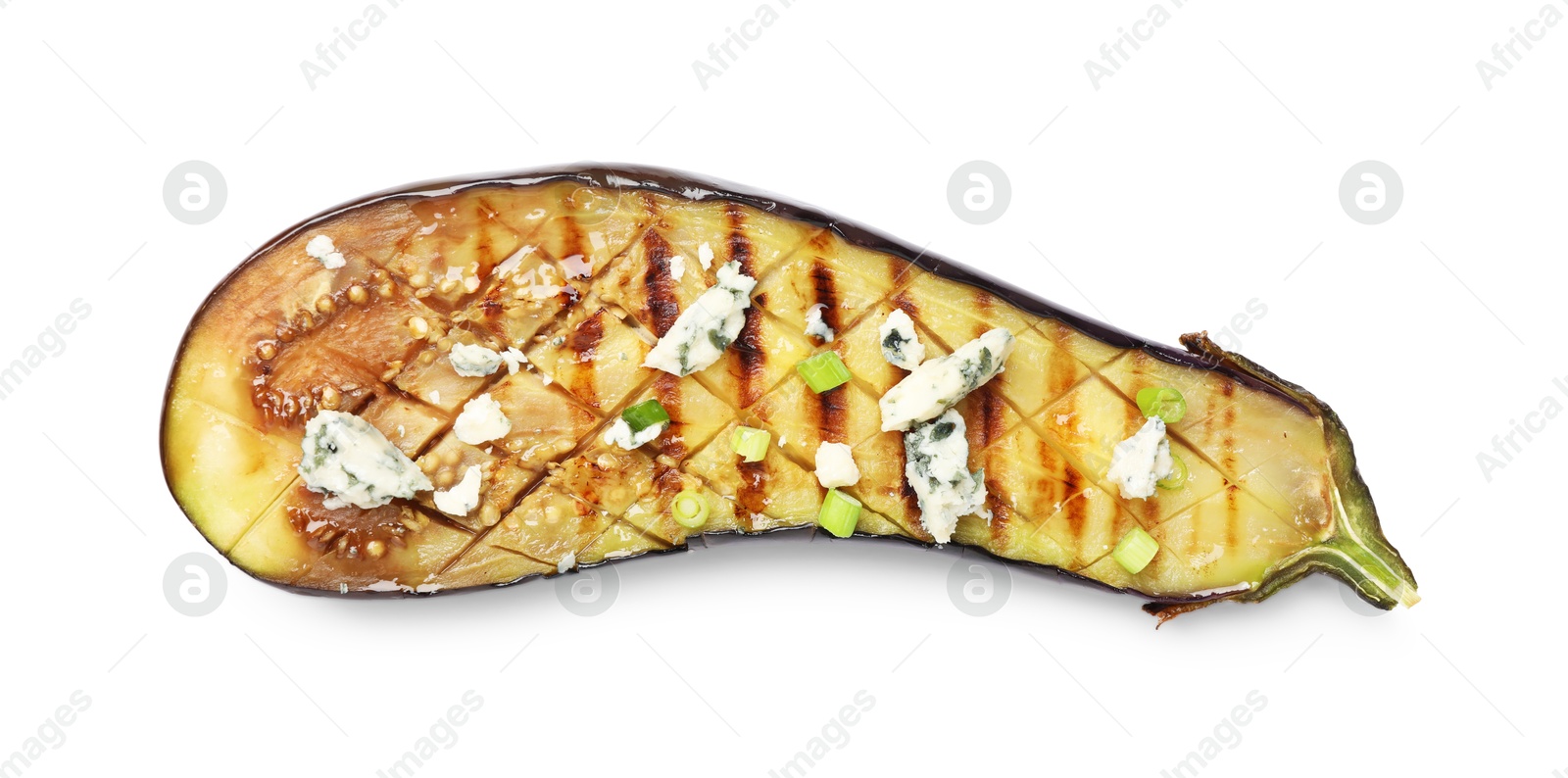Slice of grilled eggplant with green onion and blue cheese isolated on white, top view Photo of Slice of grilled eggplant with green onion and blue cheese isolated on white, top view