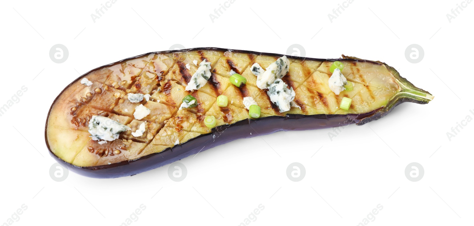 Slice of grilled eggplant with green onion and blue cheese isolated on white Photo of Slice of grilled eggplant with green onion and blue cheese isolated on white