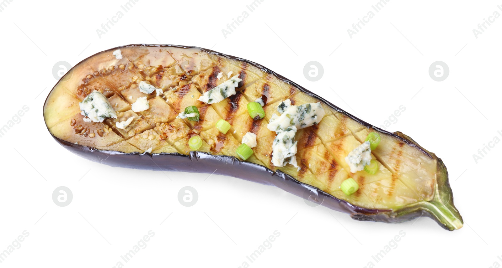 Slice of grilled eggplant with green onion and blue cheese isolated on white, top view Photo of Slice of grilled eggplant with green onion and blue cheese isolated on white, top view