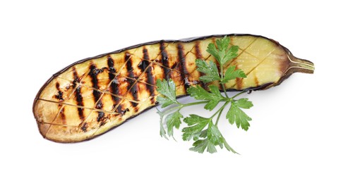 Photo of Slice of grilled eggplant and parsley isolated on white, top view