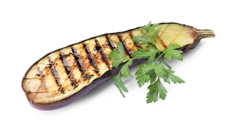 Photo of Slice of grilled eggplant and parsley isolated on white